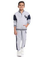 Victor And Jane Cotton La Patch & Printed Full Sleeves Zip Neck Varsity Sweatshirt & Joggers Co-Ord Set - Grey & Navy Blue