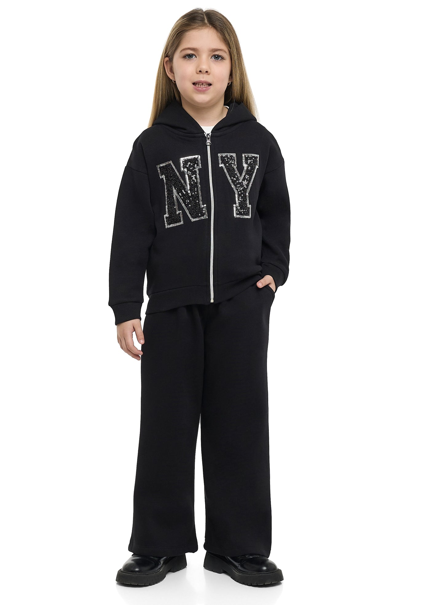 Girls NY Camo Logo Fleece Tracksuit – Black 2-Piece Set