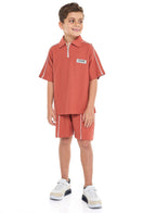 Oversized - Boys' Jacquard 2-Piece Set - Half Zipper Polo T-Shirt And Matching Shorts With Pockets,