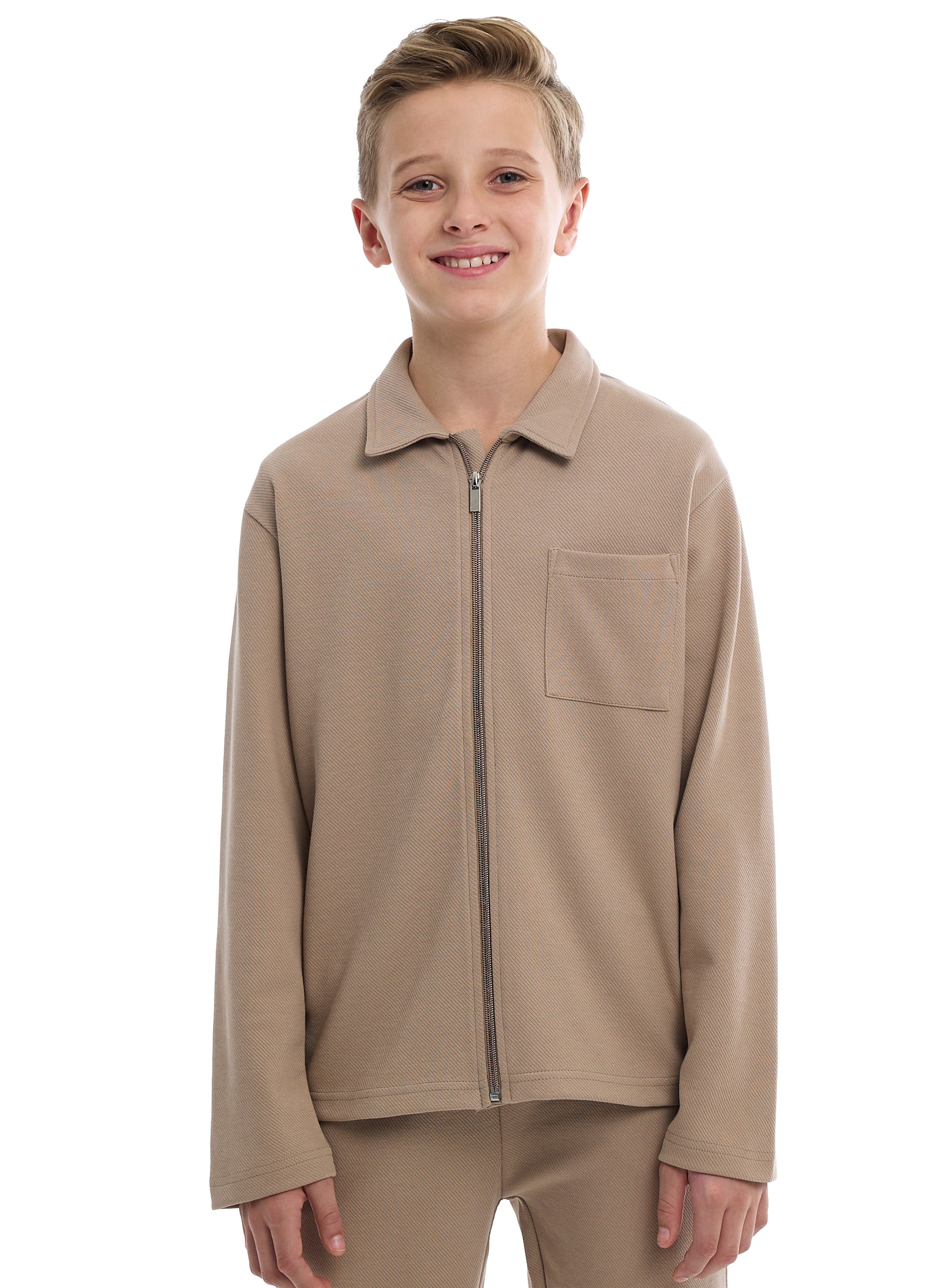 Boys Beige Twill Shirt-Style Co-Ord Set With Front Pockets &Amp; Zip Closure “ Smart Casual Outfit