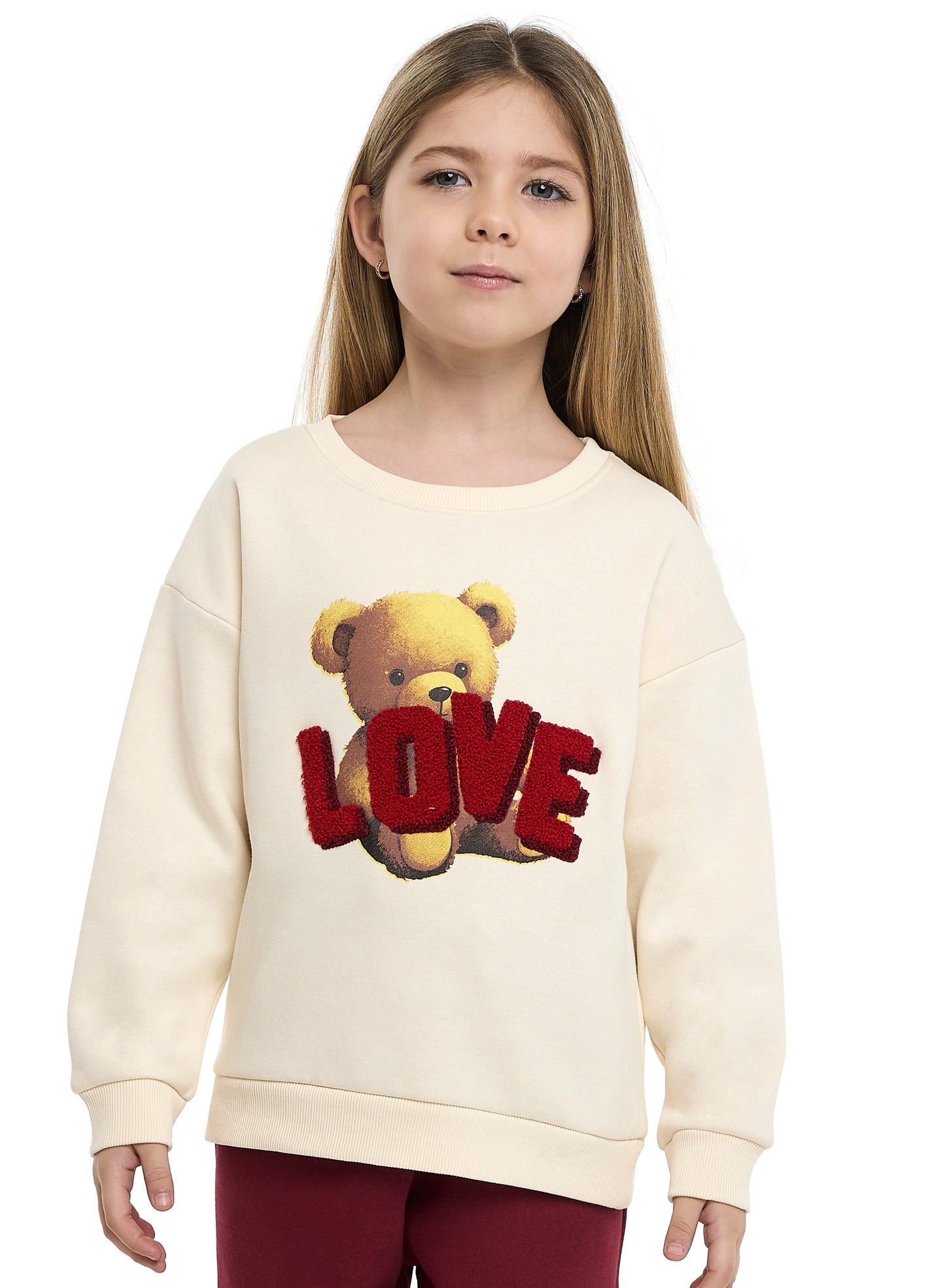 Girls Teddy Love Fleece Tracksuit – Cream & Burgundy 2-Piece Set