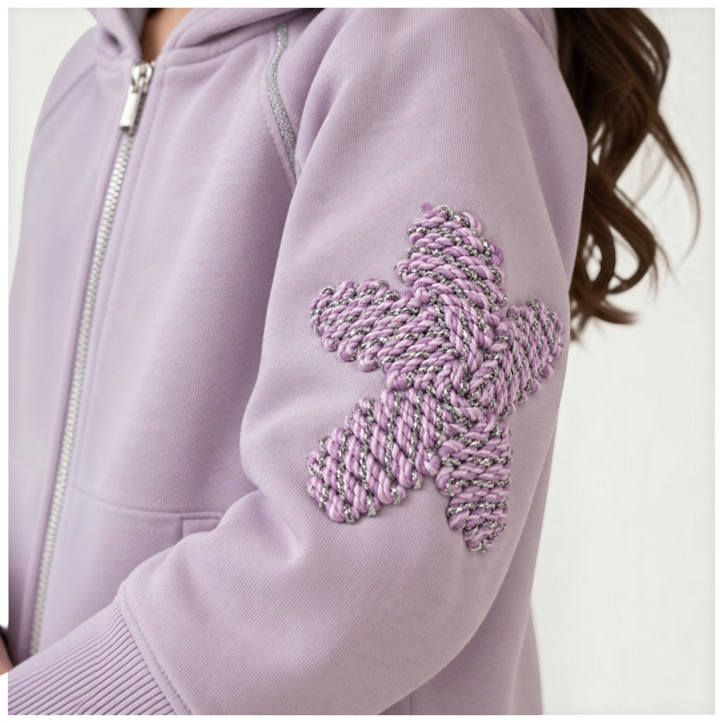 victor and jane lavender girls full zip fleece hoodie featuring a textured rope star applique on the sleeve