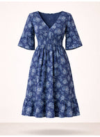 Women'S Blue Printed Midi Dress