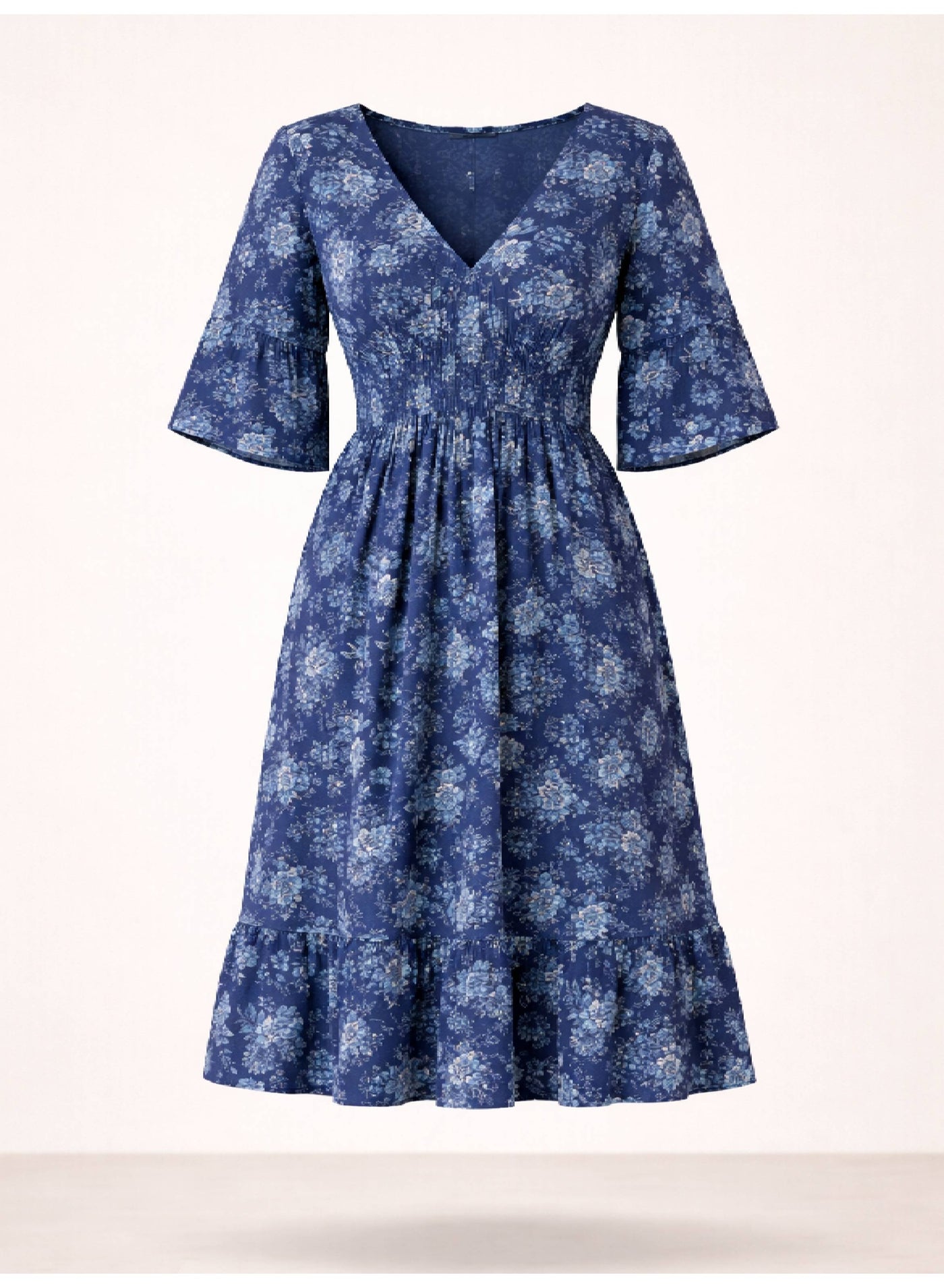 Women'S Blue Printed Midi Dress