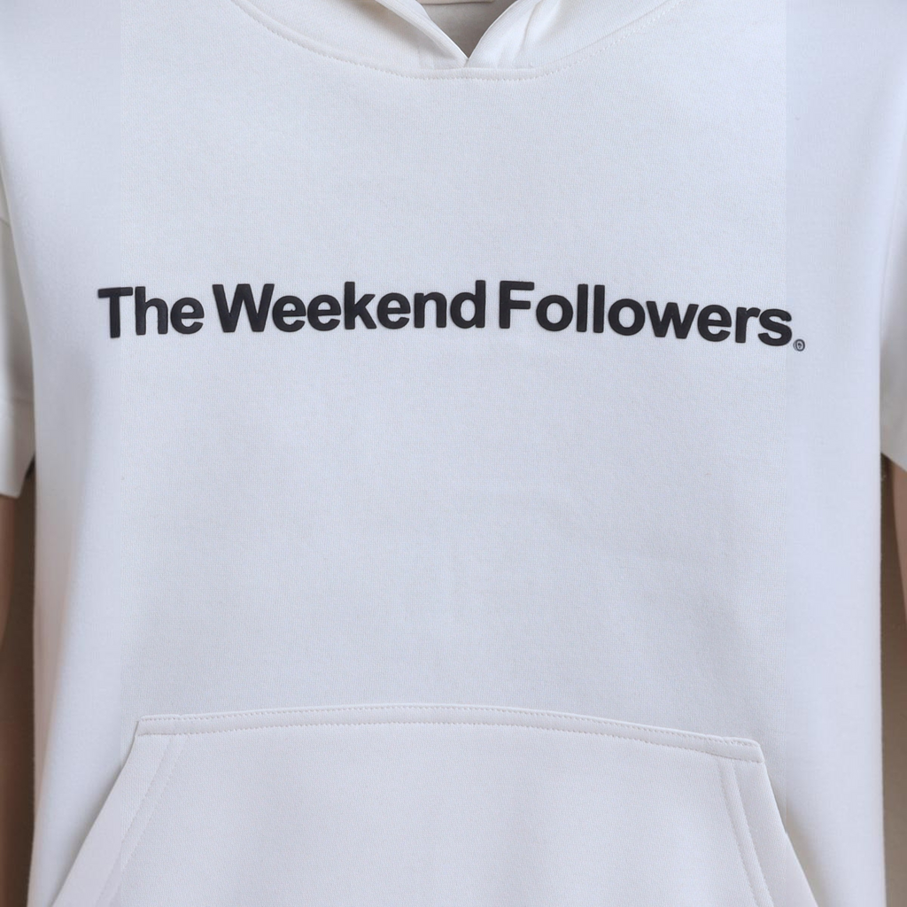 victor and jane boys white graphic sweatshirt with The Weekend Followers text print and front kangaroo pocket
