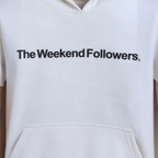victor and jane boys white graphic sweatshirt with The Weekend Followers text print and front kangaroo pocket