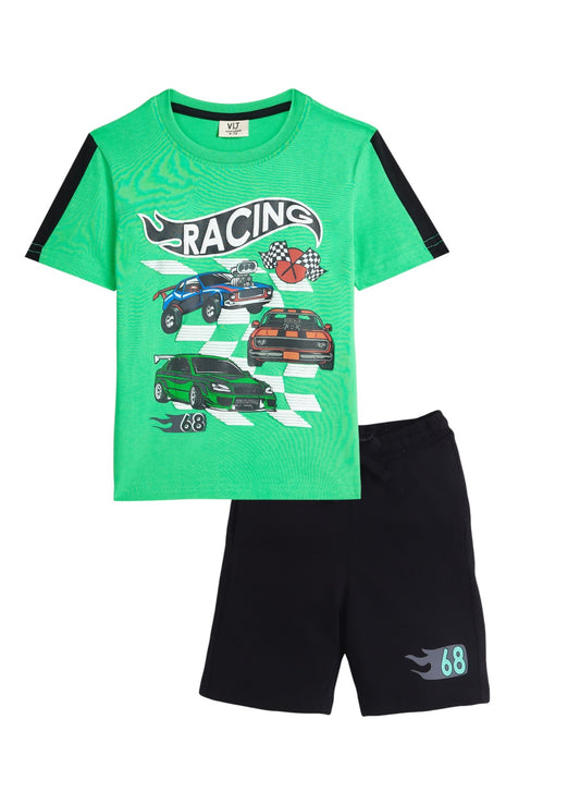 Boys' 2PC Set – "Full Speed Ahead!" Racing Cars Printed, 100% Cotton