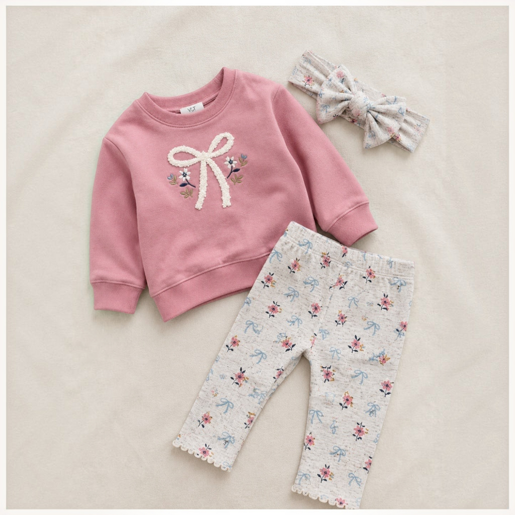 victor and jane baby girls pink sweatshirt with bow graphic, floral print pants, and matching bow headband set