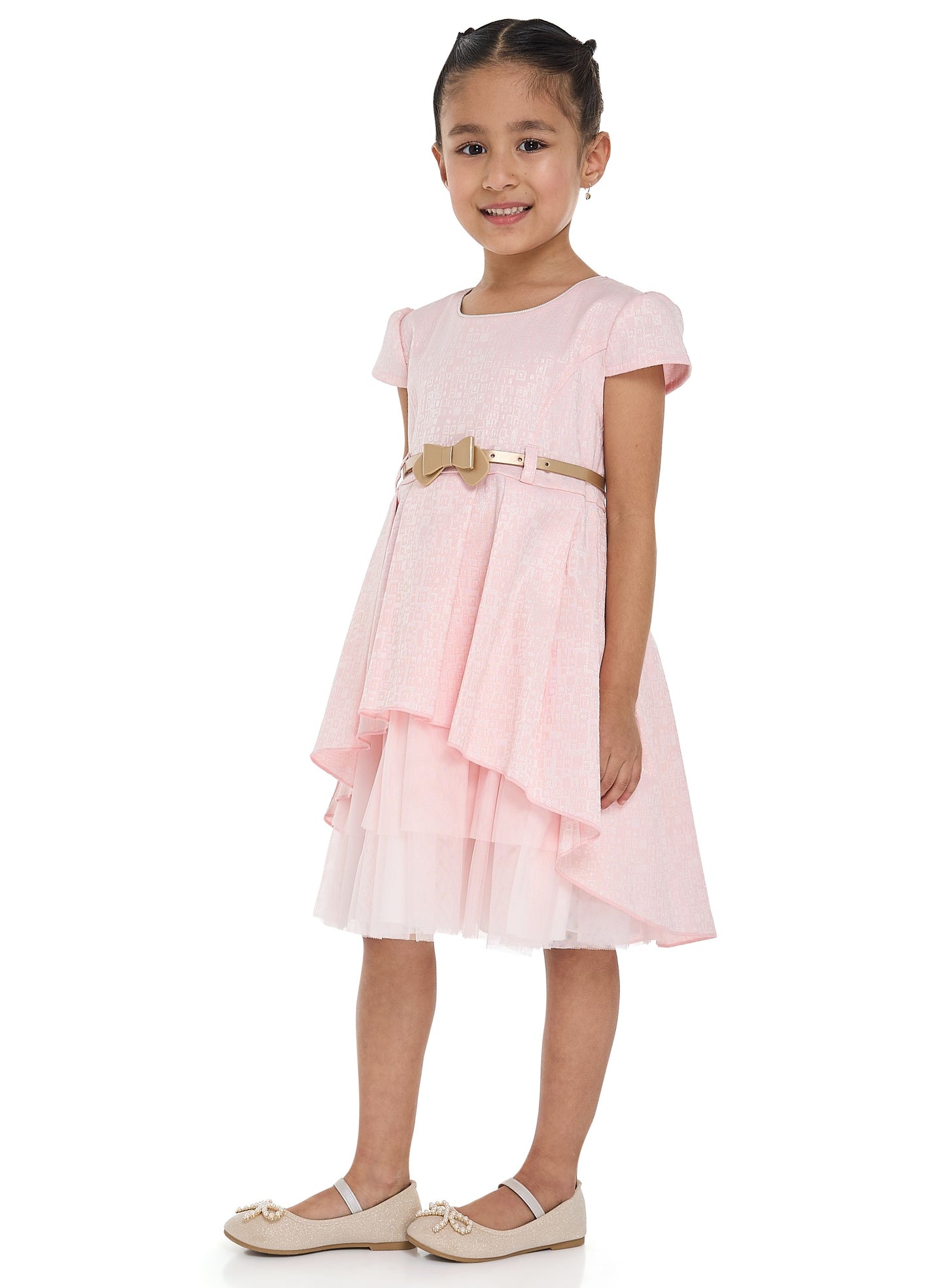 Girls Elegant Lt Pink/Gold Jacquard & Tulle Party Dress