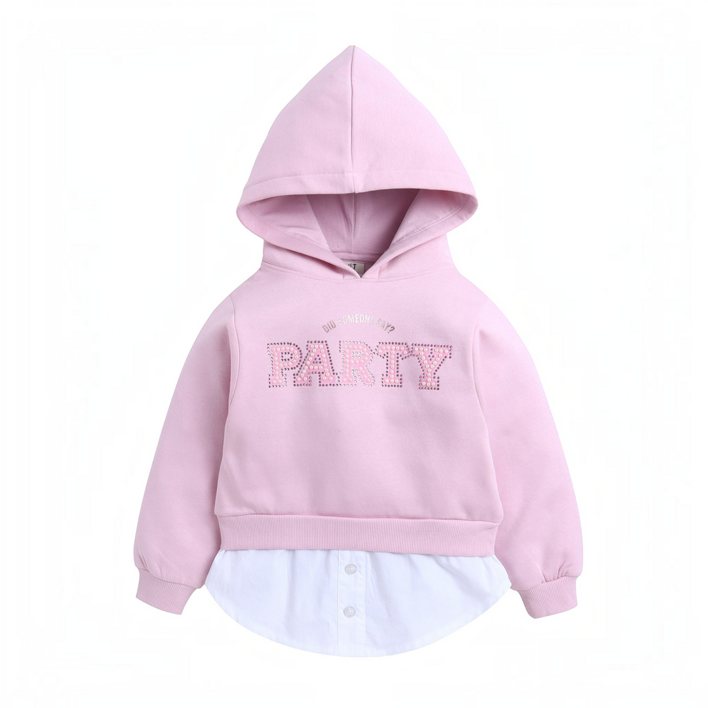 victor and jane girls light pink hoodie with PARTY rhinestone graphic and white button-down shirt hem layer