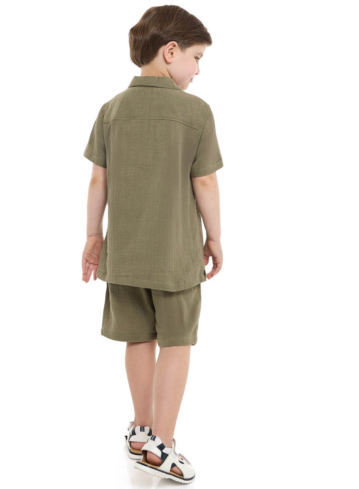 Boys' Casual Cotton Shirt & Shorts Set with pocket Embroidery Motif – Short Sleeve Outfit - Olive