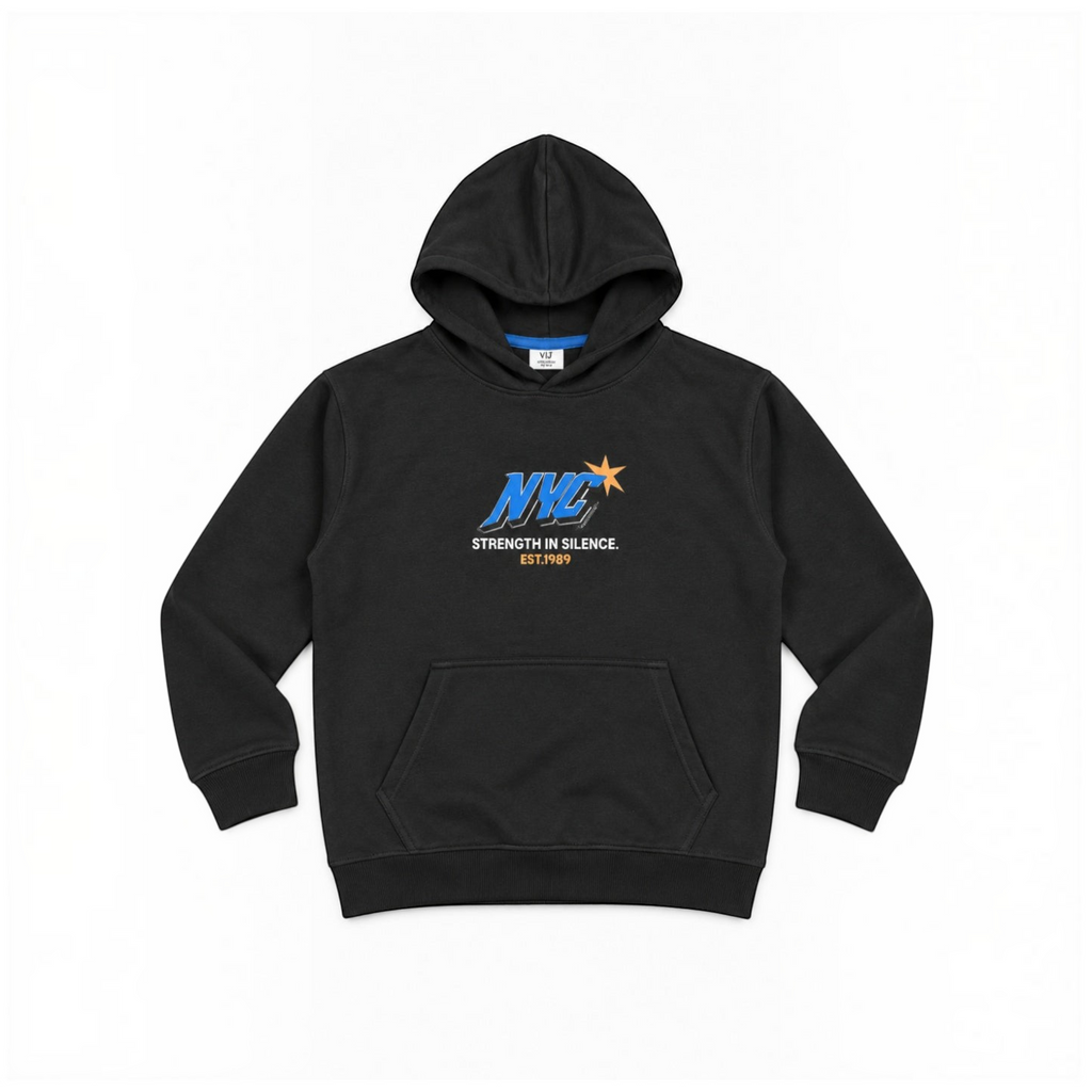 victor and jane boys black fleece hoodie with blue NYC graphic print and front kangaroo pocket