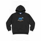 victor and jane boys black fleece hoodie with blue NYC graphic print and front kangaroo pocket