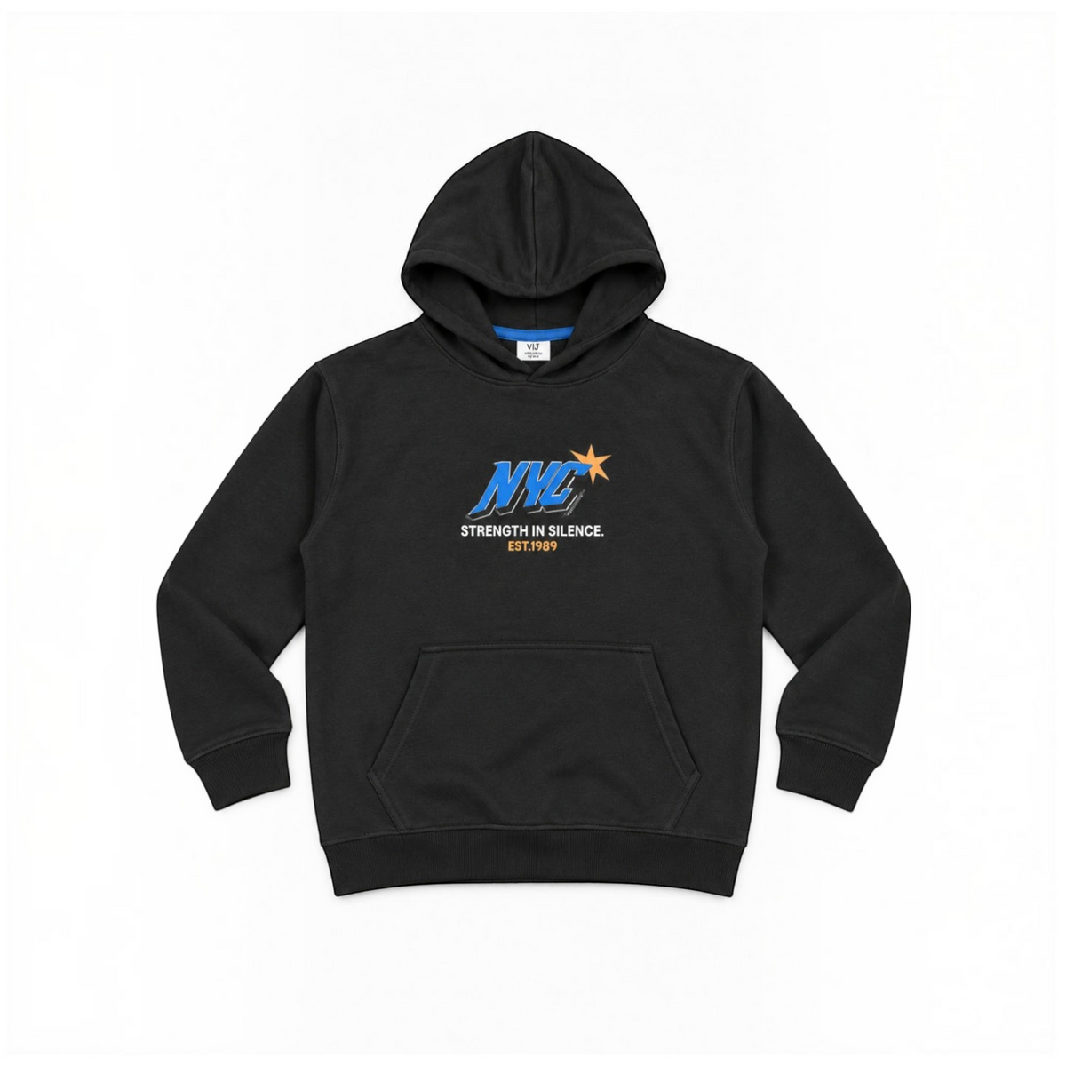 victor and jane boys black fleece hoodie with blue NYC graphic print and front kangaroo pocket