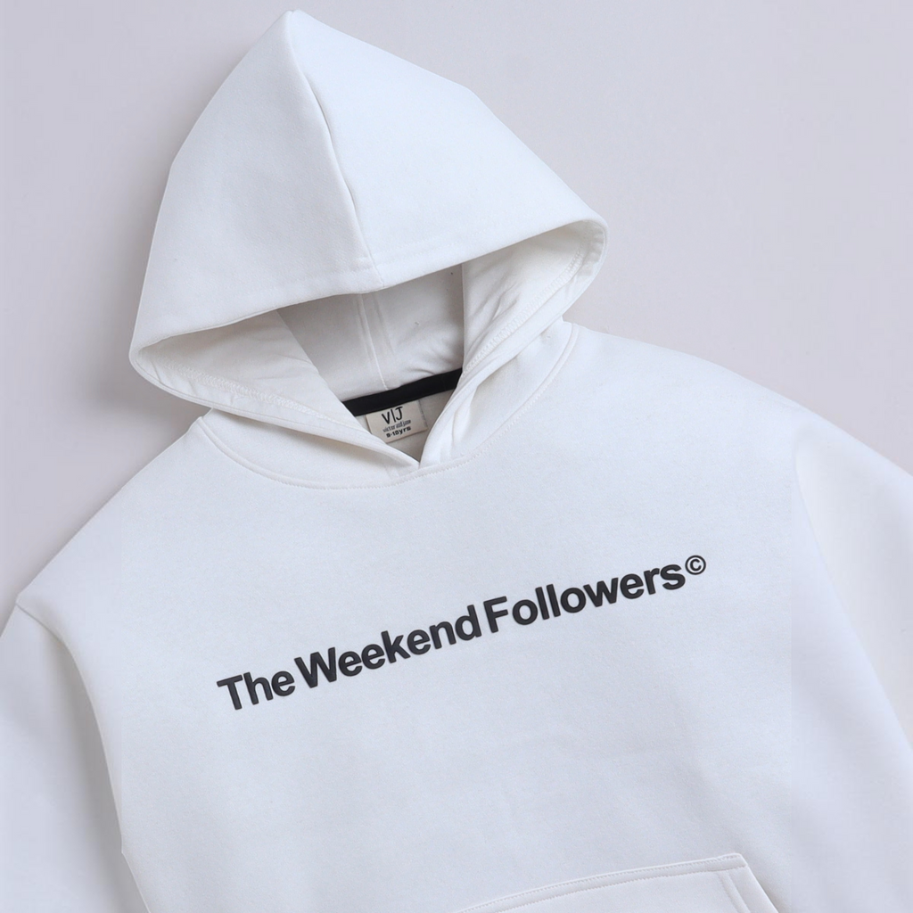 victor and jane boys white hooded sweatshirt with black The Weekend Followers graphic text on the chest