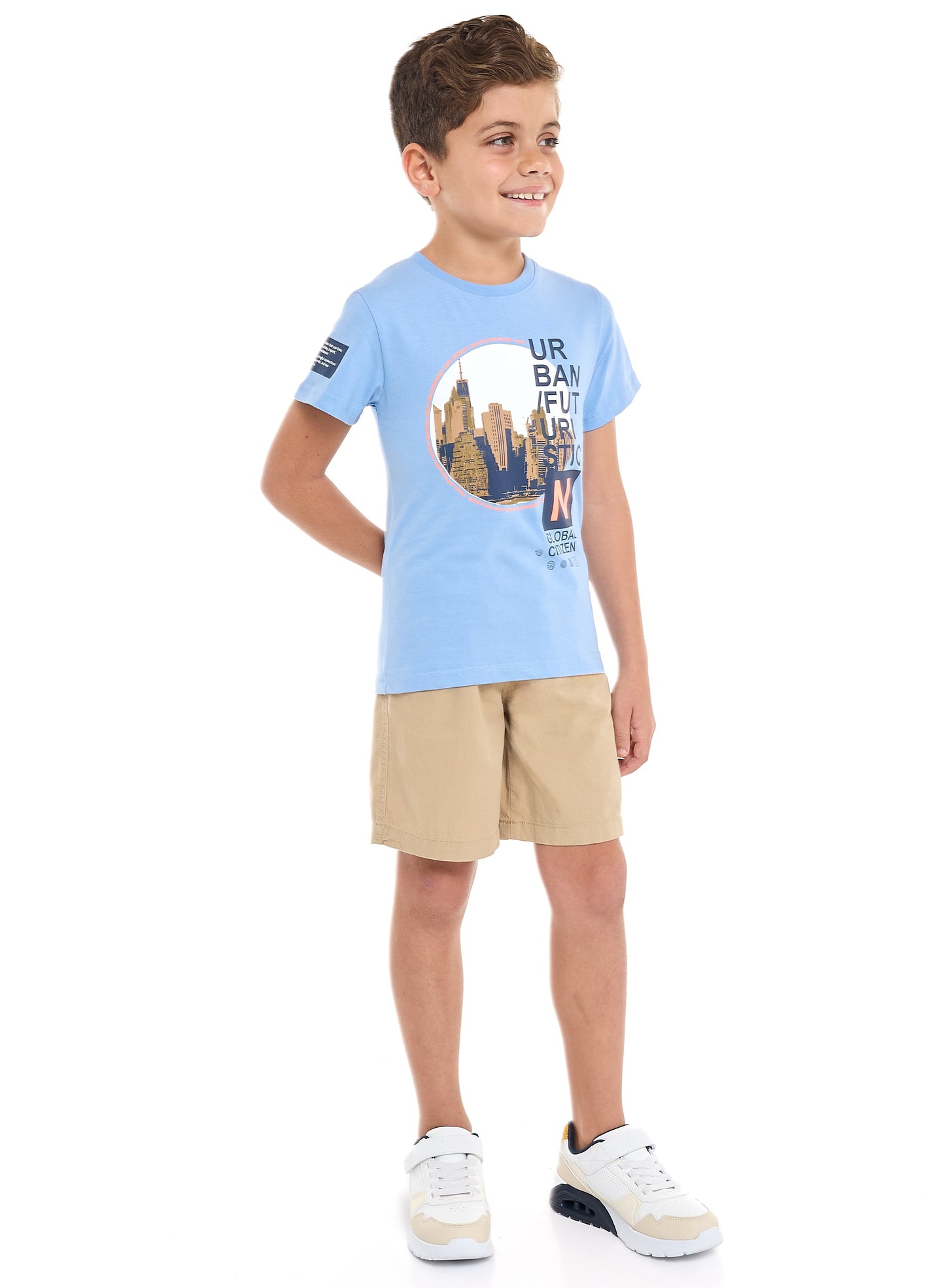 Victor and Jane Classic Blue and Khaki Cotton T-Shirt & Pull-On Shorts Set