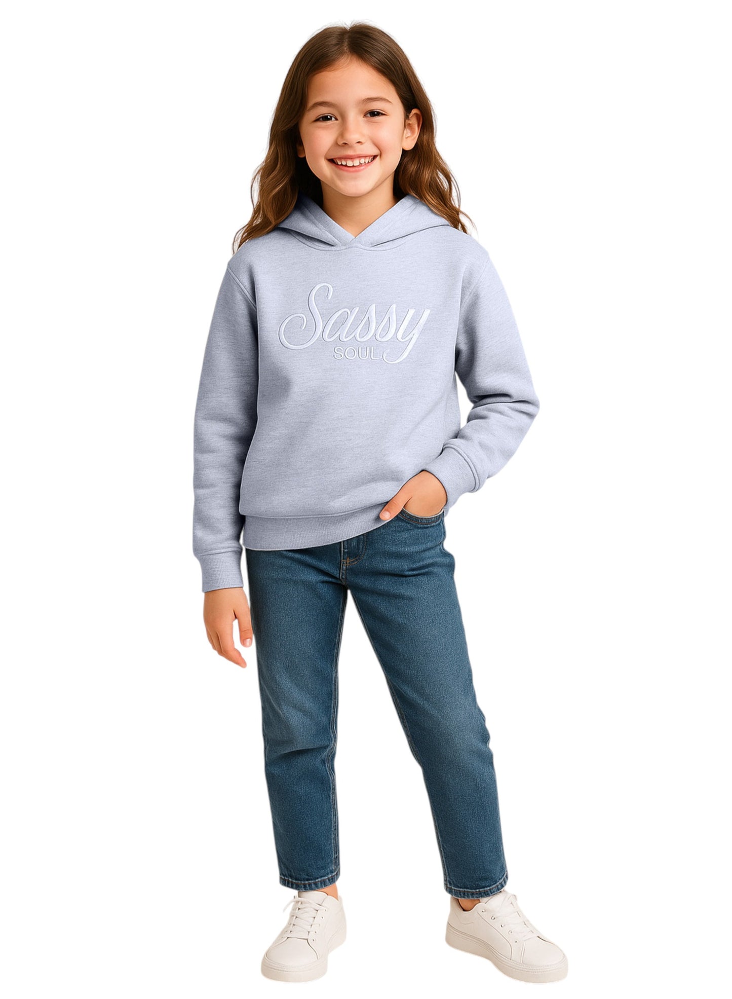 “Sassy Soul” Girls' Graphic Hoodie – Heather Grey | 100% Cotton Fleece |