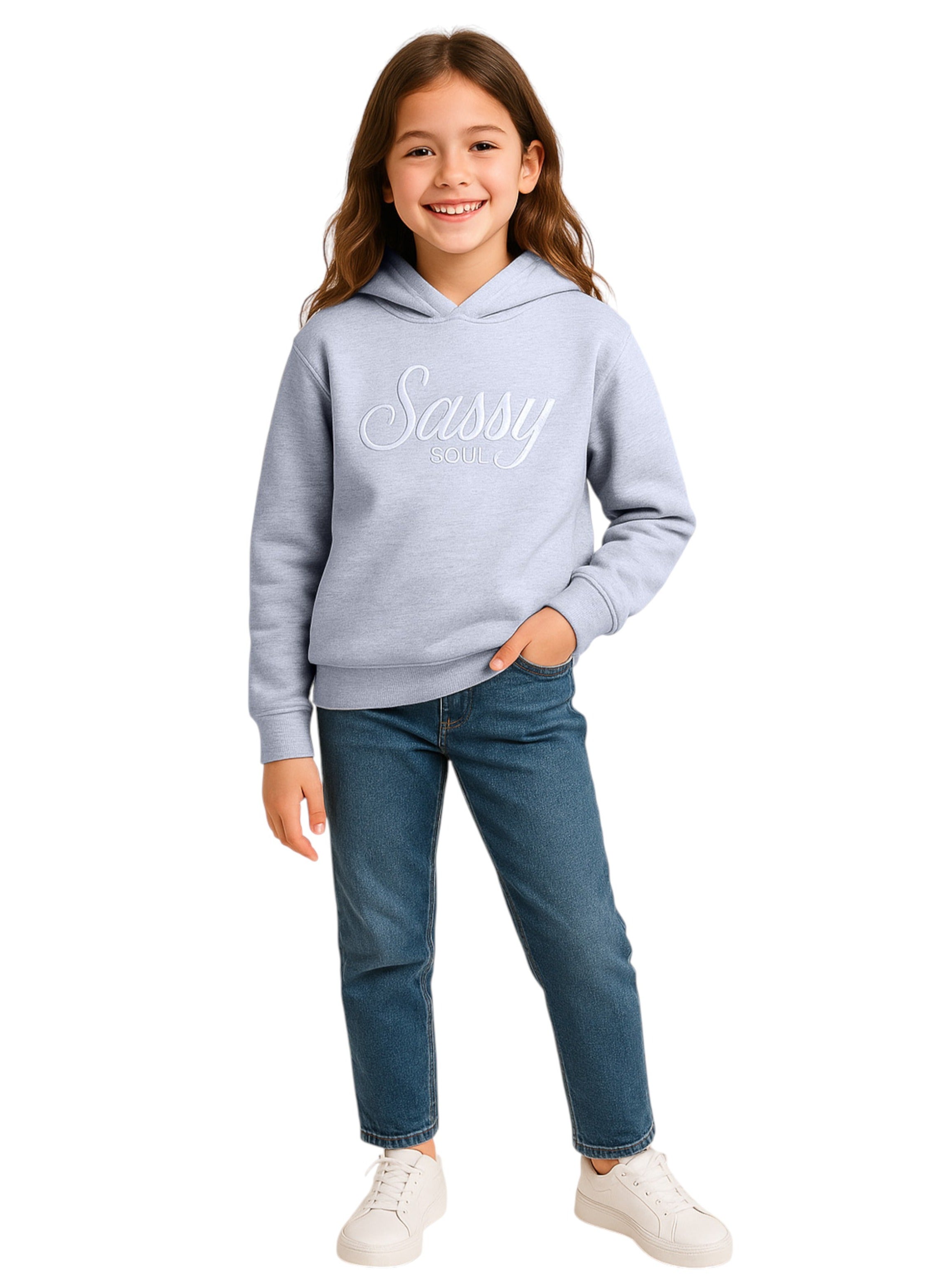 Œsassy Soul” Girls' Graphic Hoodie “ Heather Grey | 100% Cotton Fleece |