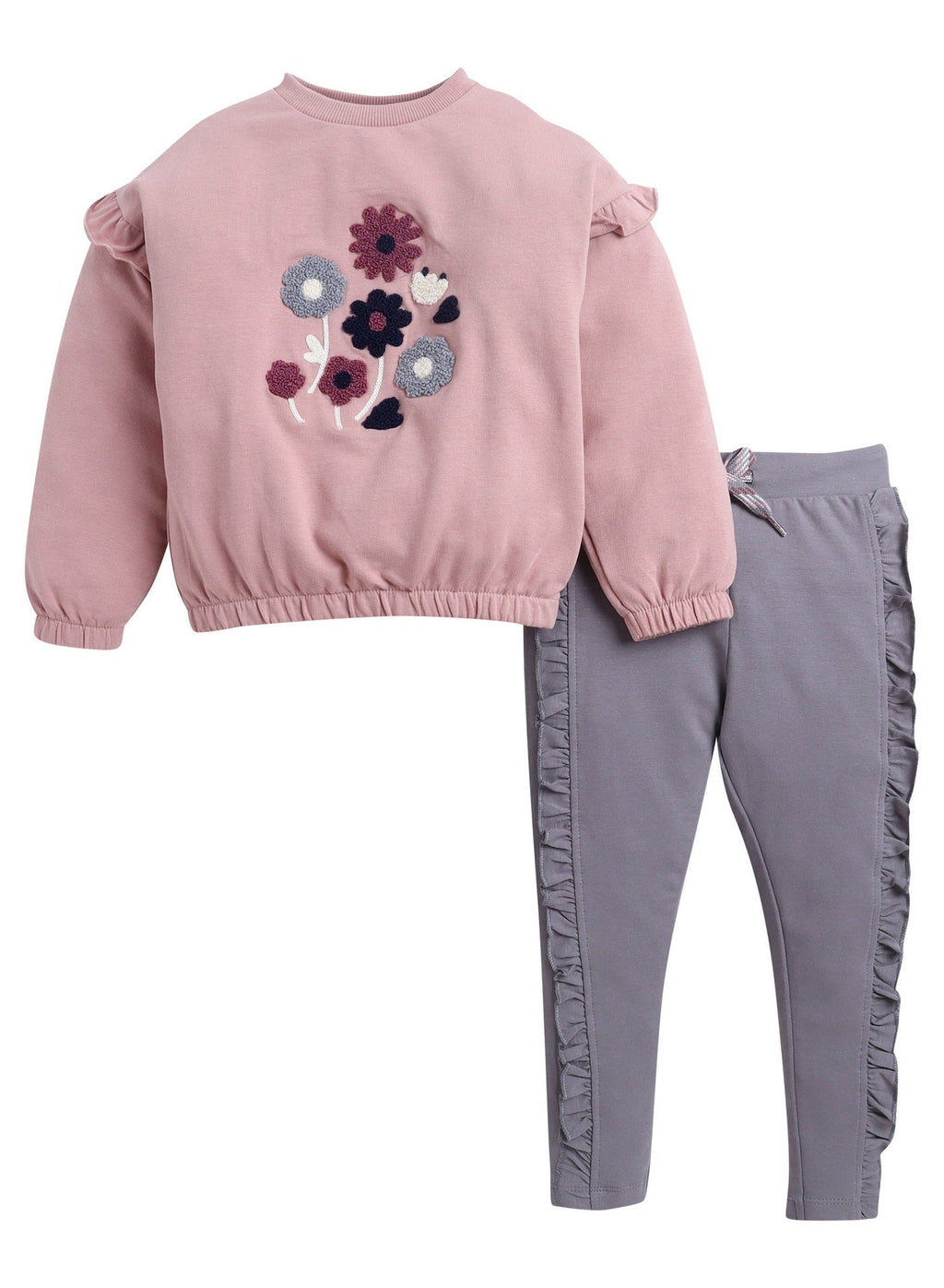 Dirkje Cotton Floral Embroidered Full Sleeves Fluttered Sweatshirt & Joggers Set - Grey/Pink