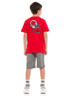 Victor and Jane Cotton Headphone Graphic T-Shirt & Shorts Set - Red & Grey