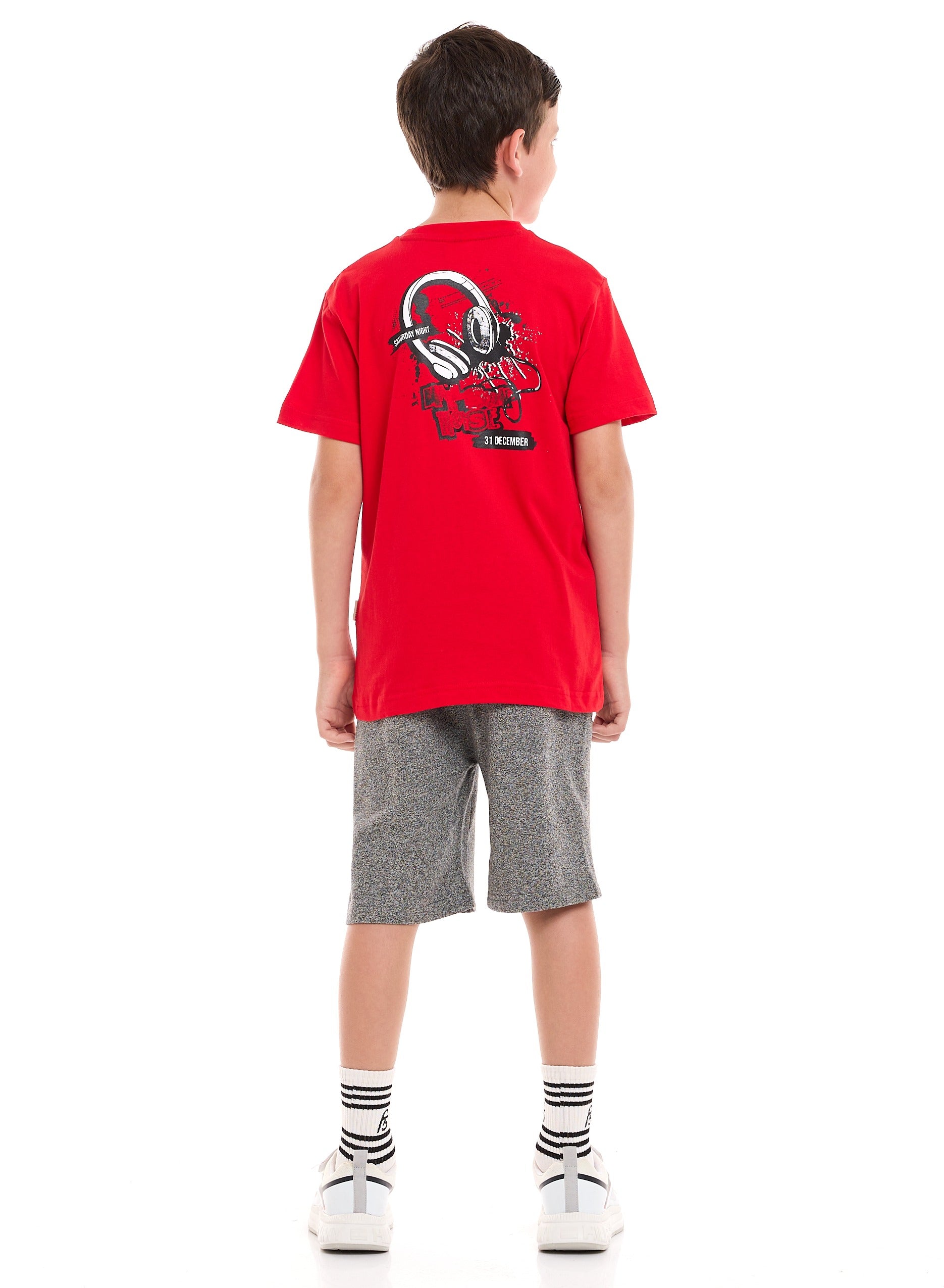 Victor and Jane Cotton Headphone Graphic T-Shirt & Shorts Set - Red & Grey