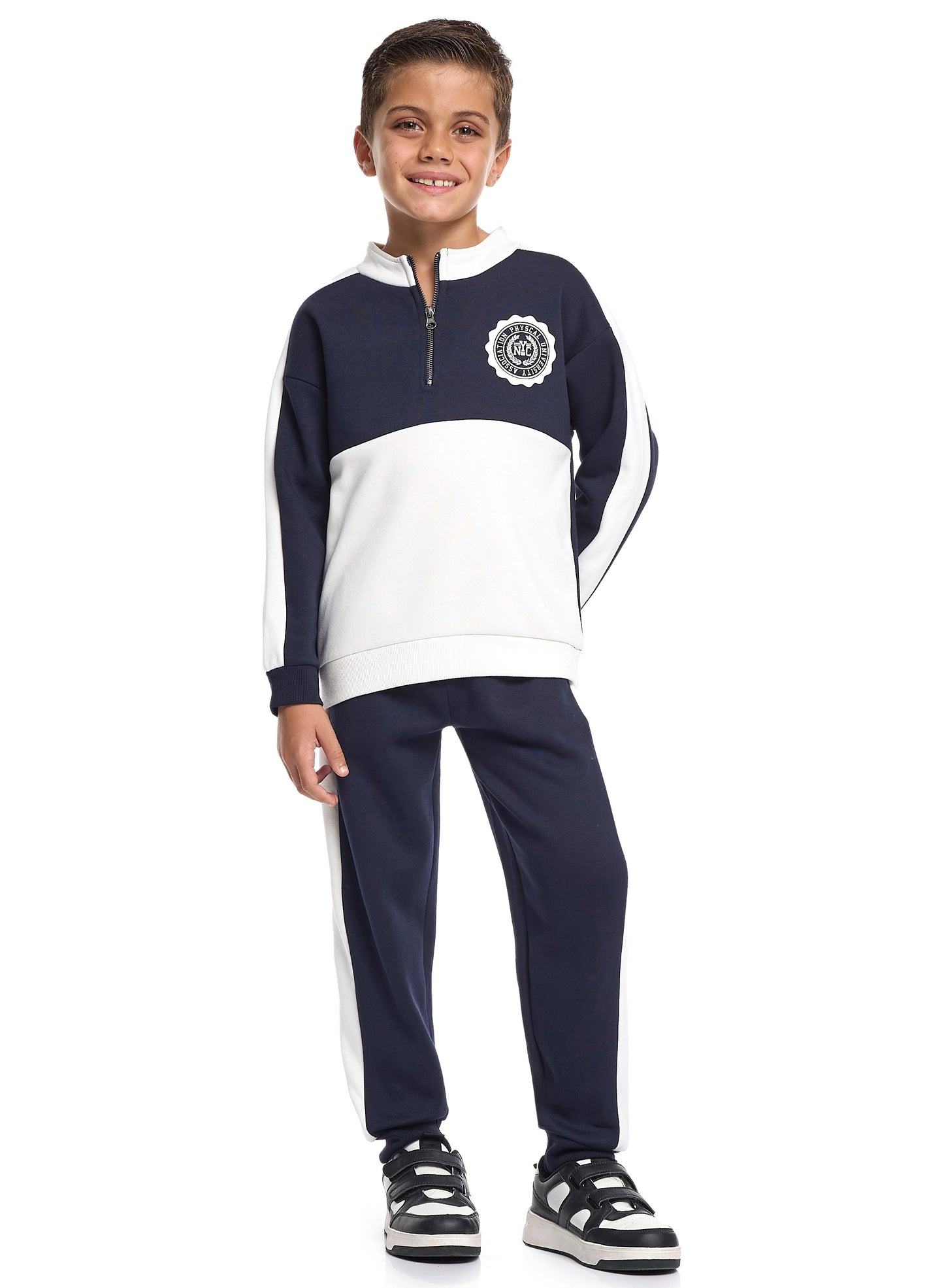 Boys Zip-Neck Colourblock Fleece Tracksuit - Navy & White