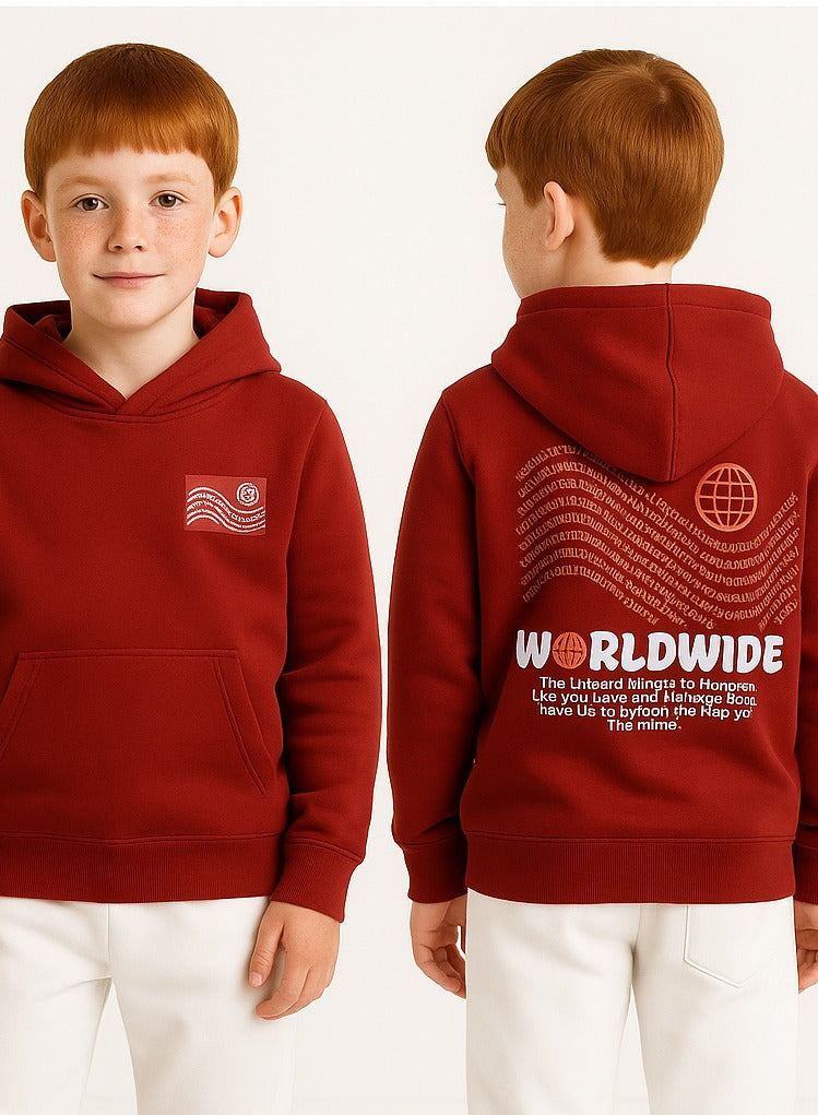 Boys' Maroon "Worldwide" Printed Hooded Sweatshirt