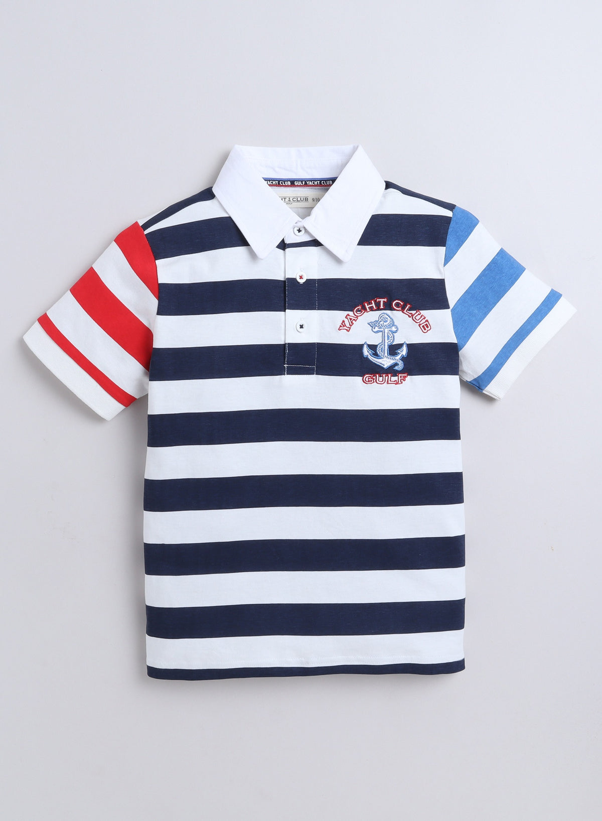 Victor & Jane Cotton Racing Embroidered & Striped Short Sleeves Polo T-Shirt - Blue/White/Red