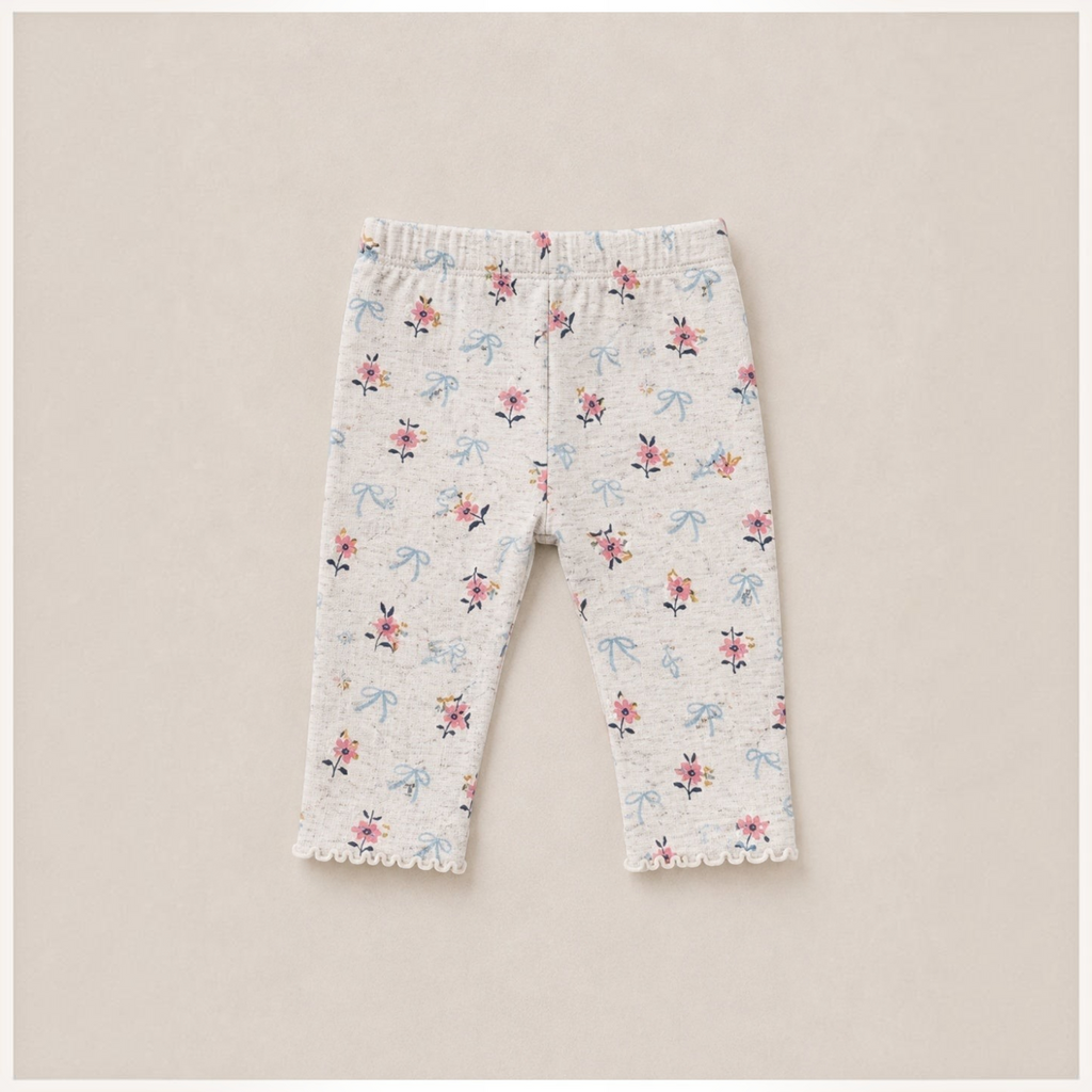 victor and jane baby girls leggings in heather grey with pink floral and blue bow print and lettuce edge hem