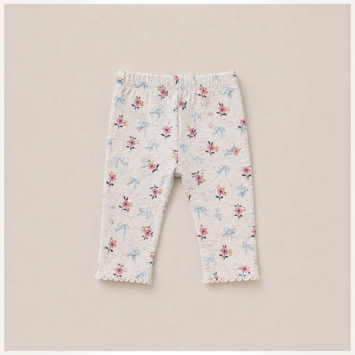 victor and jane baby girls leggings in heather grey with pink floral and blue bow print and lettuce edge hem