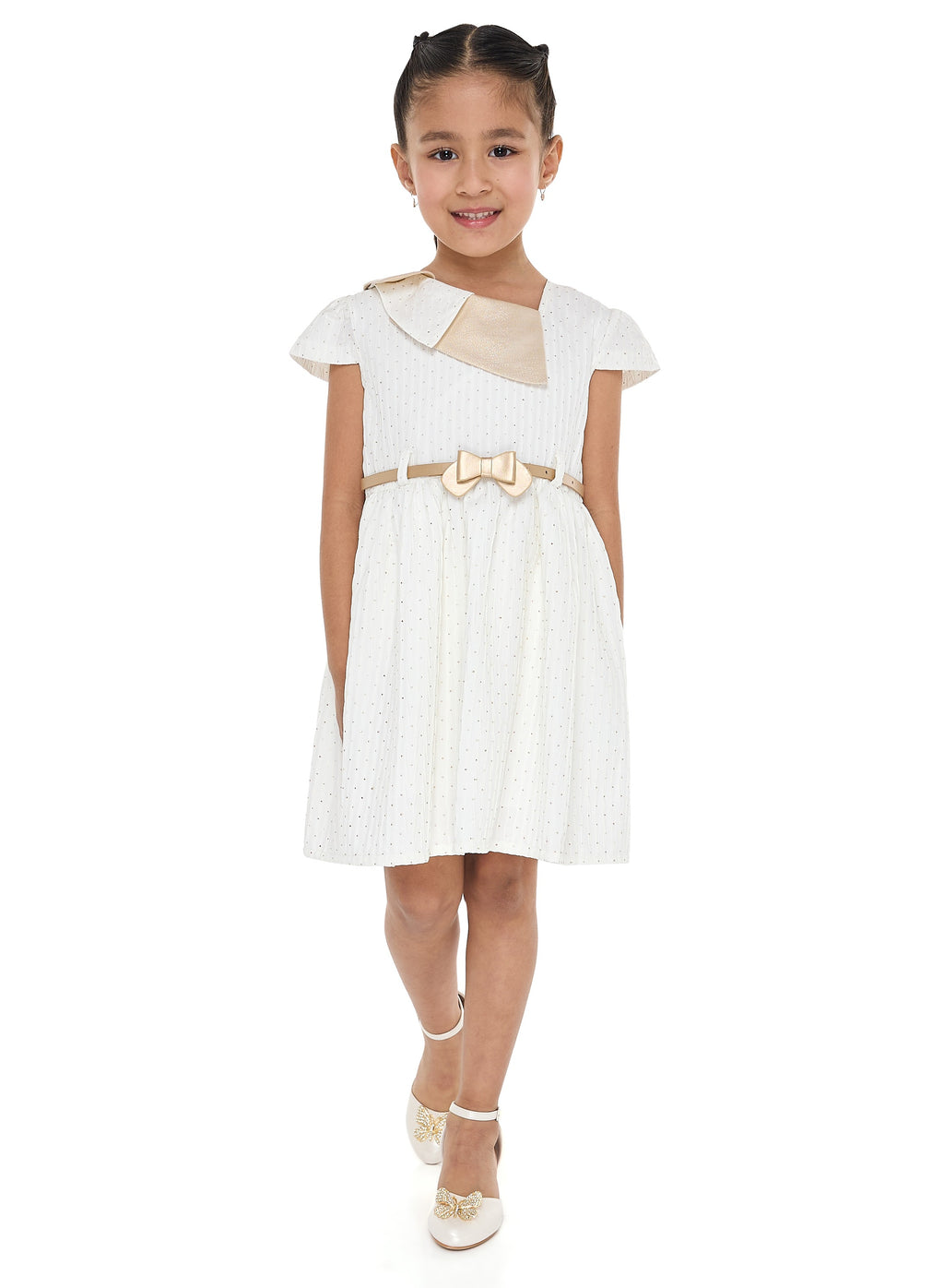 Ivory/Gold Lapel Jacquard Dress