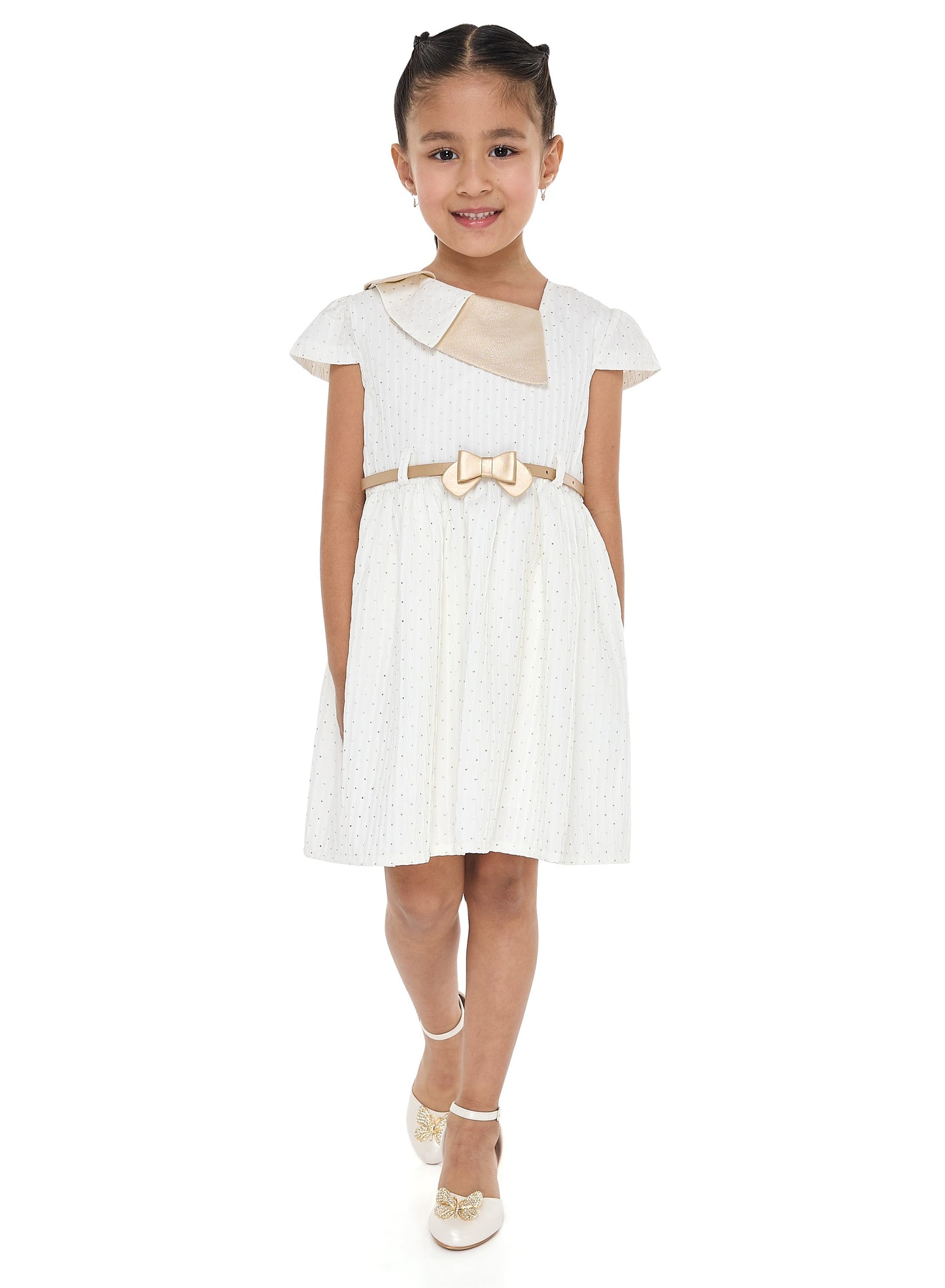 Ivory/Gold Lapel Jacquard Dress