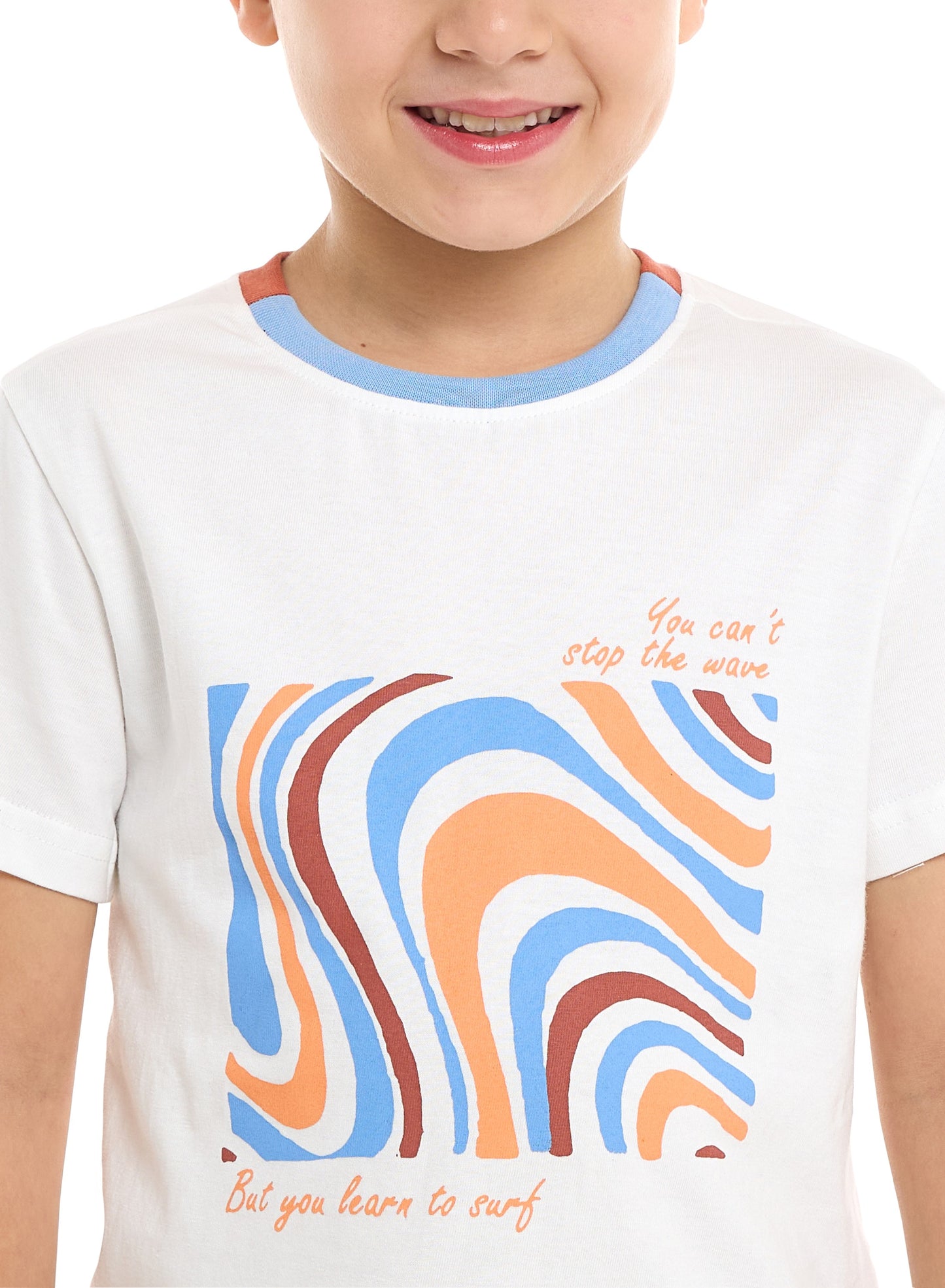 Victor and Jane Cotton Round Neck T-Shirt & Shorts Set – Detailed Print - Off White and Rust