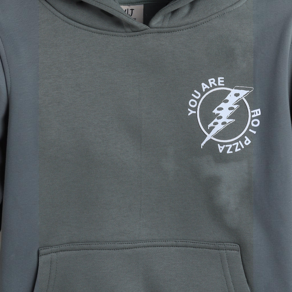 victor and jane boys olive green hoodie with white pizza lightning bolt graphic print on the chest
