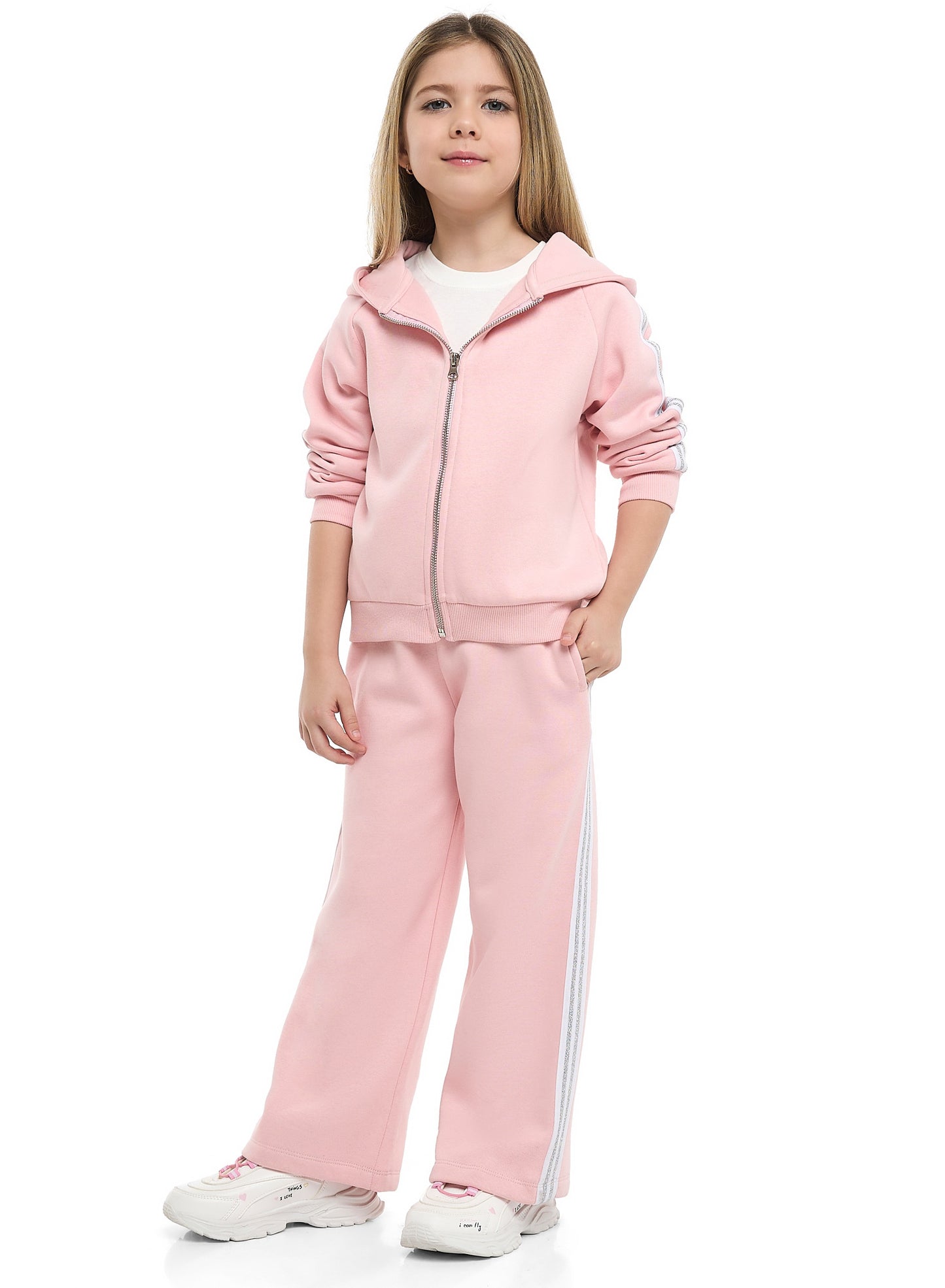 Girls Retro Stripe Fleece Tracksuit – Pink 2-Piece Set