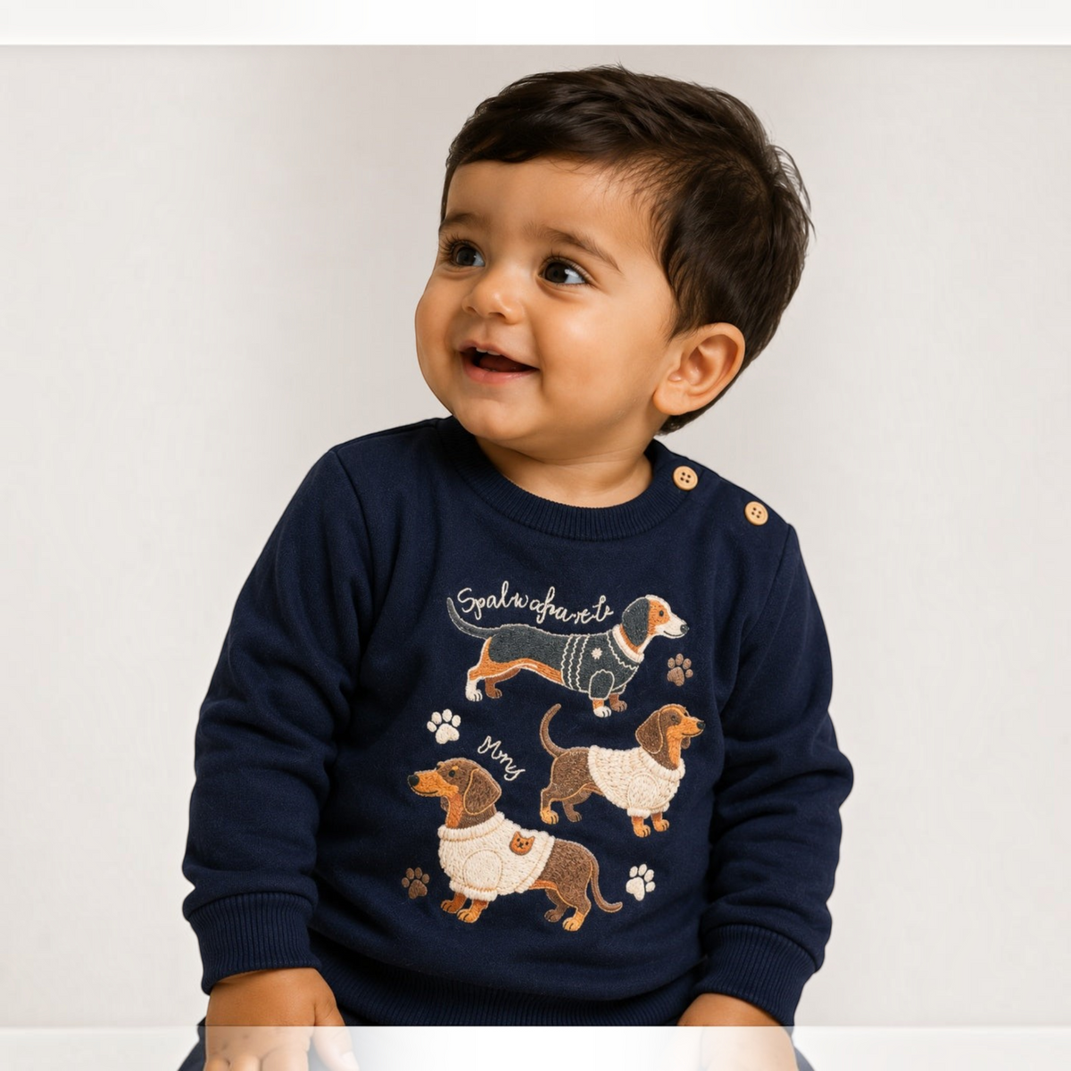victor and jane navy sweatshirt featuring embroidered dachshund dogs and button shoulder detail on a smiling baby