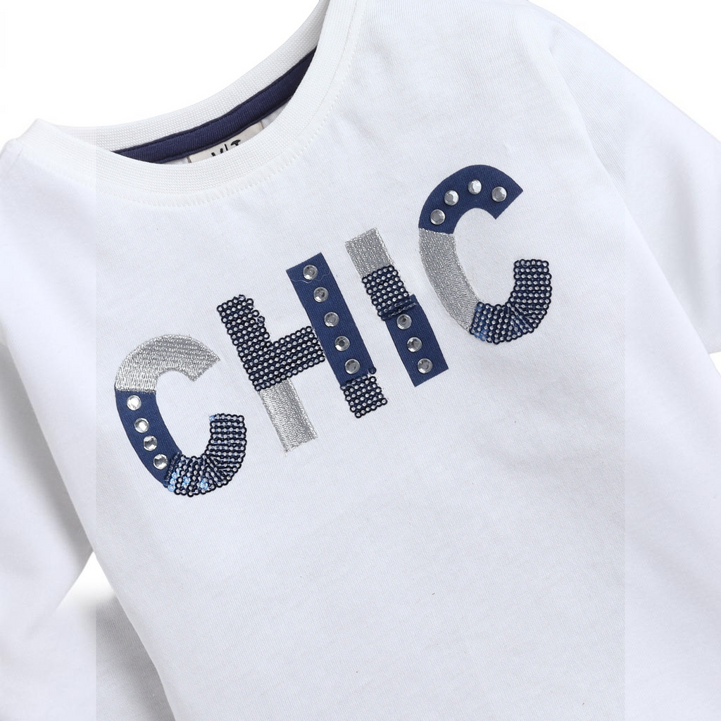 victor and jane white t-shirt with navy and silver sequined CHIC graphic lettering