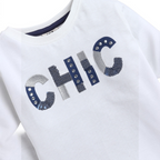 victor and jane white t-shirt with navy and silver sequined CHIC graphic lettering