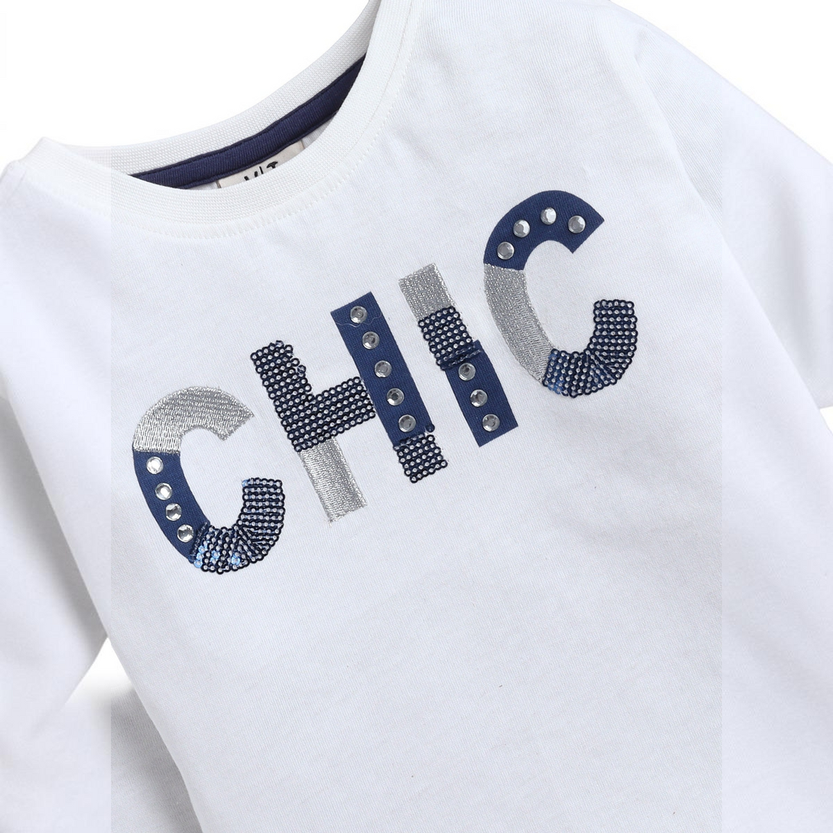 victor and jane white t-shirt with navy and silver sequined CHIC graphic lettering