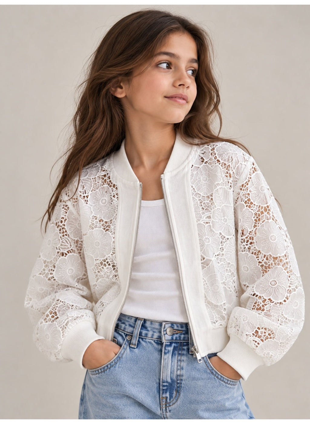 Girls Floral Lace full Zip Bomber Casual Jacket