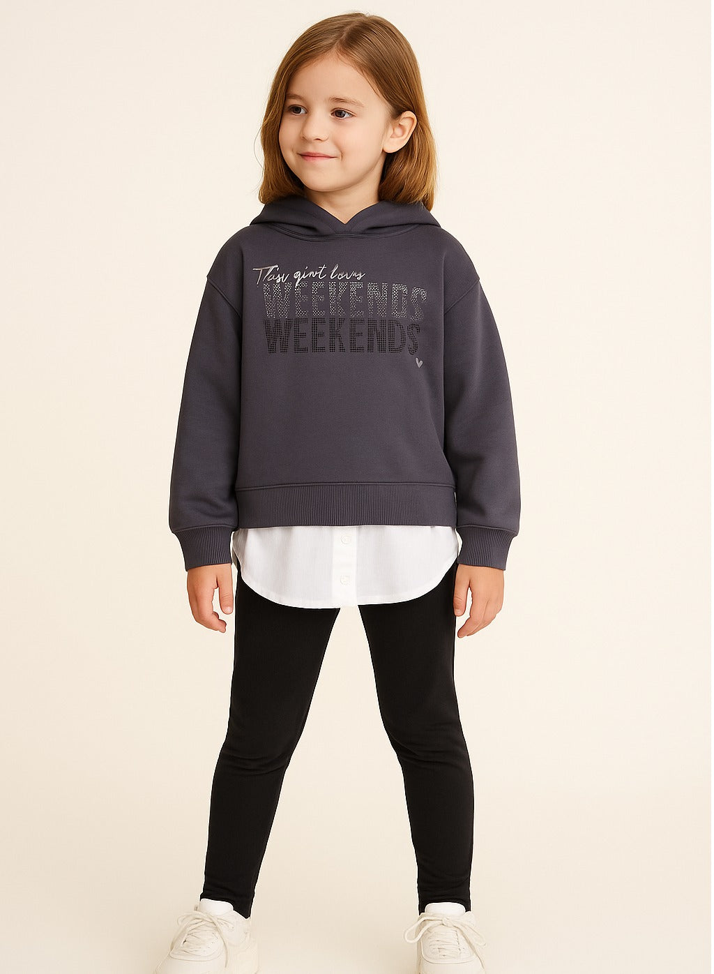 Girls Layered Weekends Fleece Hoodie – Charcoal Grey