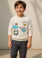 Victor And Jane Cotton Riding Theme Print Full Sleeves Sweatshirt & Joggers Set - White & Grey