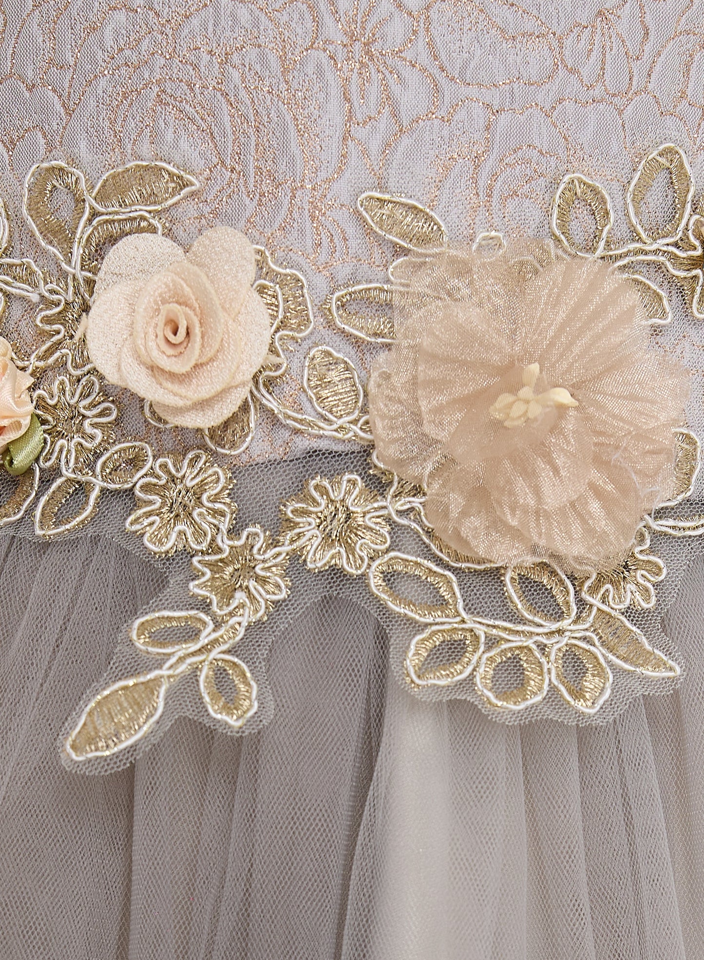 Grey/Gold Jacquard And Tulle Dress With Lace