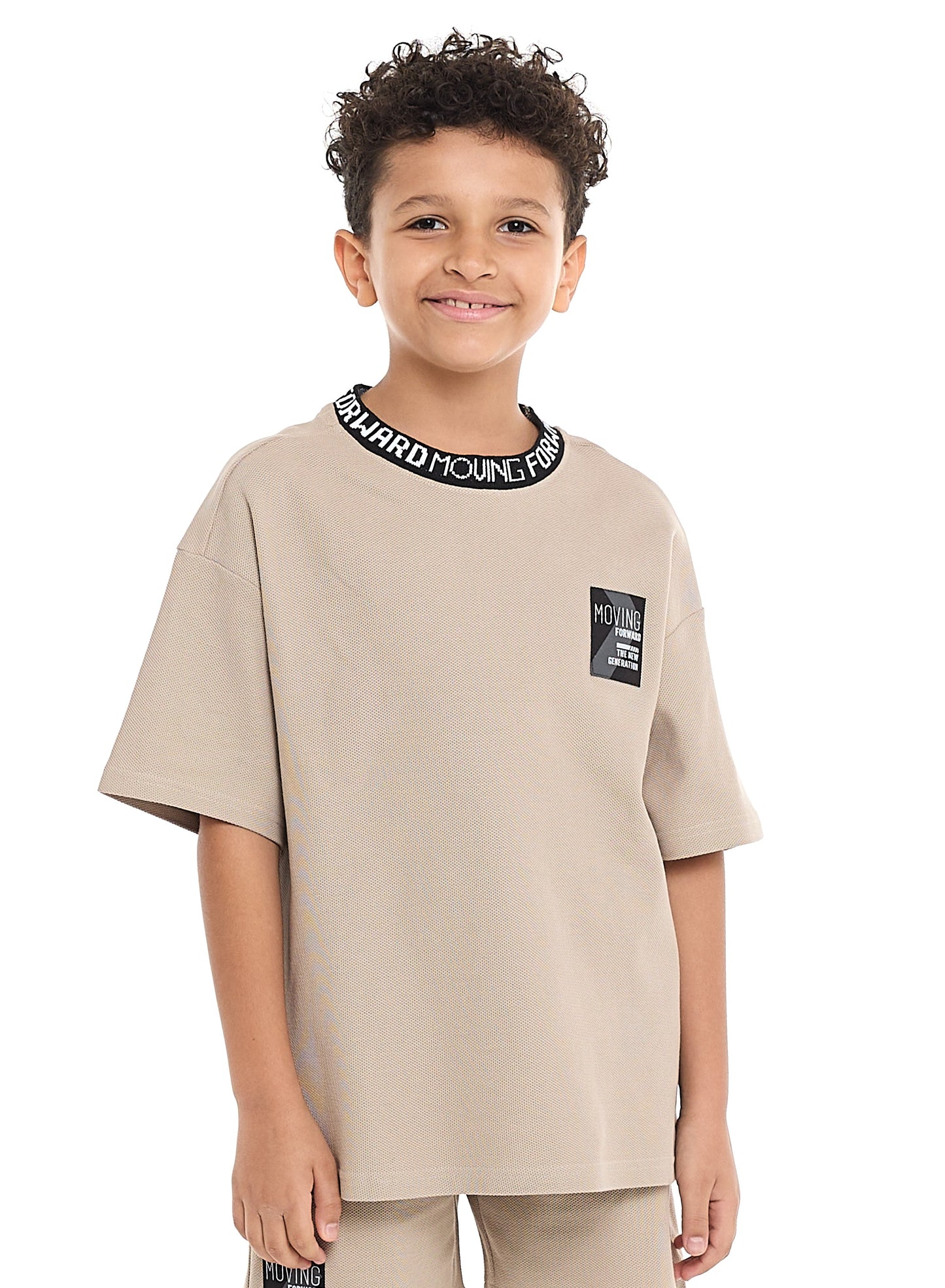 Victor and Jane Boys' Cord Set – Beige T-Shirt and Shorts Outfit with Label Detail