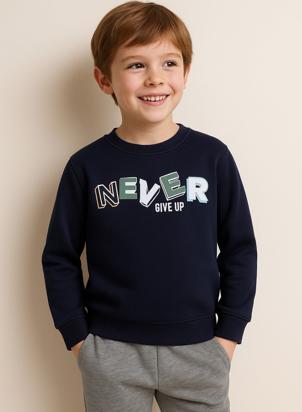 Boys' Navy "Never Give Up" Slogan Sweatshirt