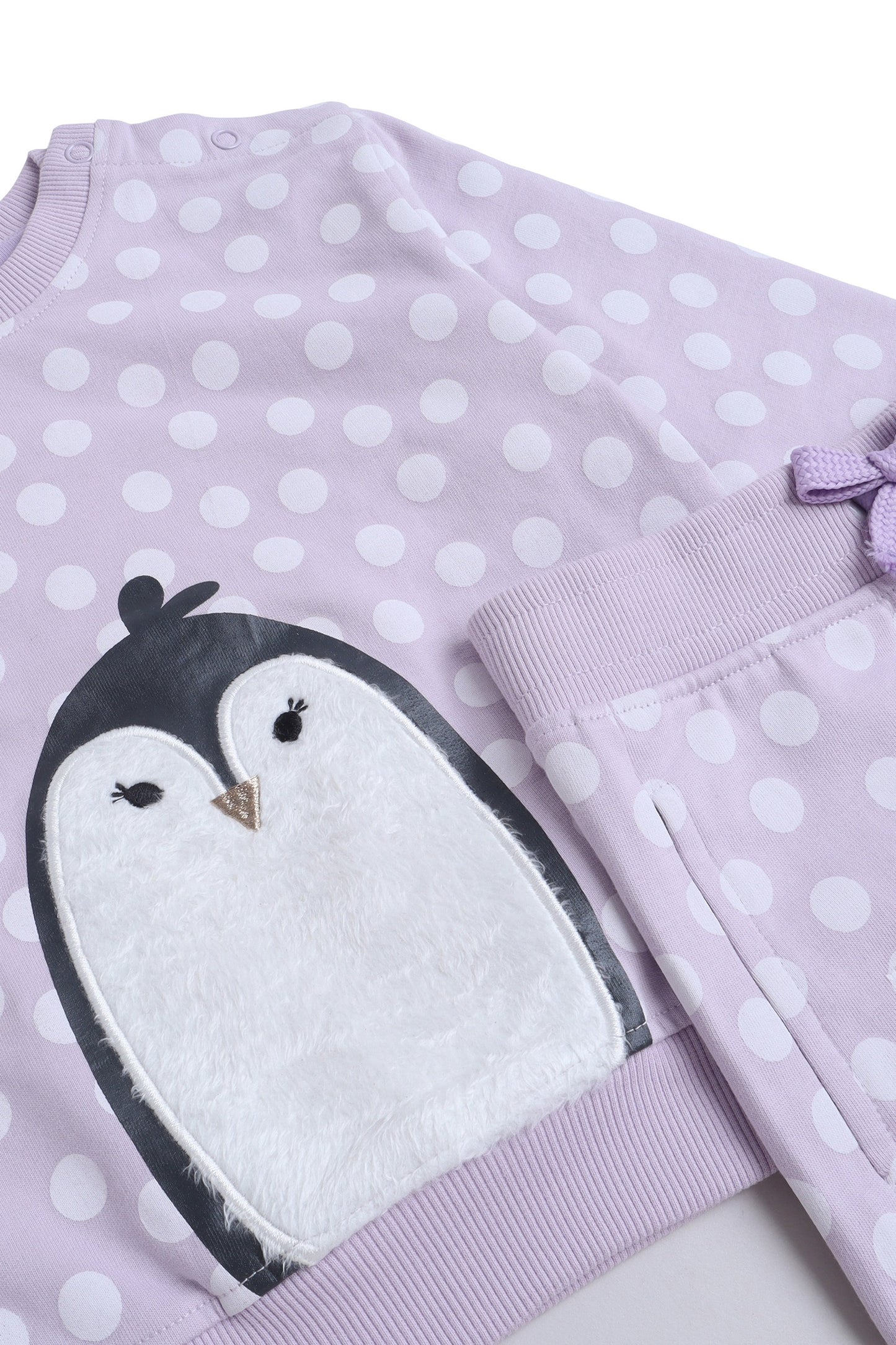 Baby Girl Penguin Appliqué Fleece Tracksuit – Lilac Polka-Dot 2-Piece Set