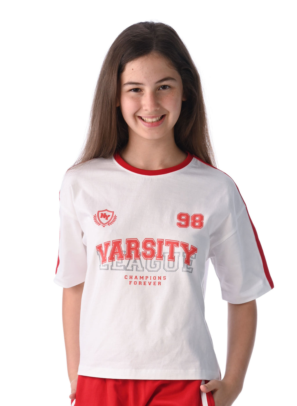 Victor And Jane Girls 2 Pc Set - Embellished Top With Matching Straight Pants With Tape Detail