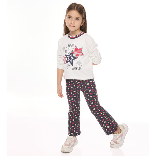 EMBELLISHED STAR TOP WITH PRINTED FLARED LEGGINGS