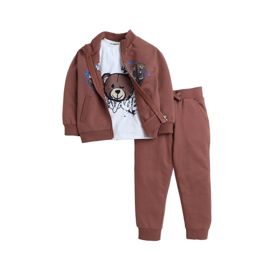 3 Pc Set - Brown Full-zipper Crew Jacket and Brown Jogger Set