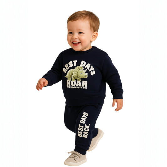 Infant Boys “Best Days Roar” Fleece Tracksuit – Navy 2-Piece Set